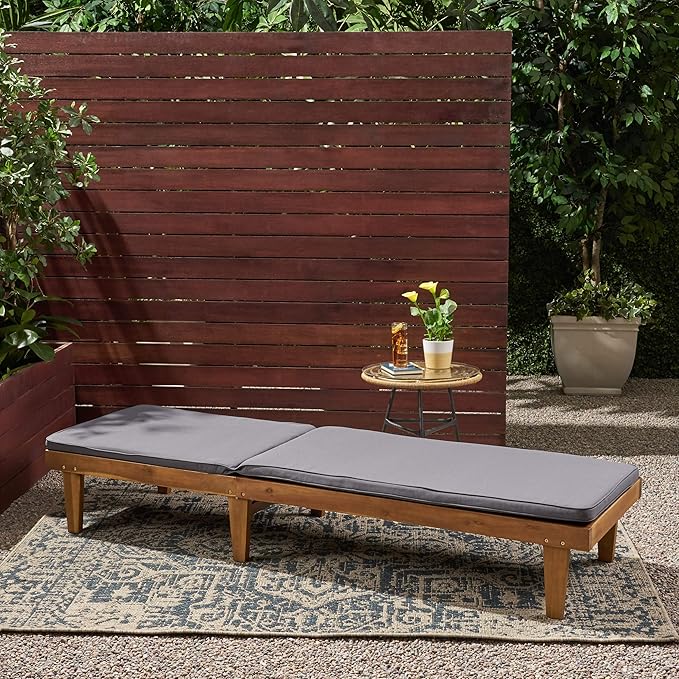 Great Deal Furniture Yvette Outdoor Acacia Wood Chaise Lounge and Cushion Set, Teak and Dark Gray, (309789)