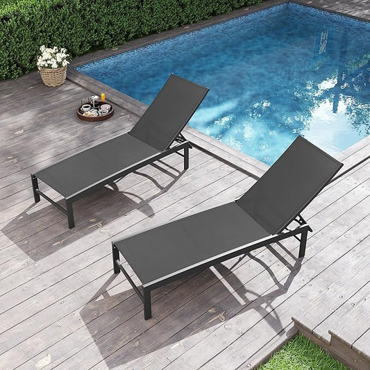 Patio Aluminum Chaise Lounge Chair, Set of 2 Outdoor Recliner Lounge Chair Sun Loungers, All Weather Chaise with 5 Adjustable Backrest and Lay Flat Positions for Garden, Balcony, Pool, Black