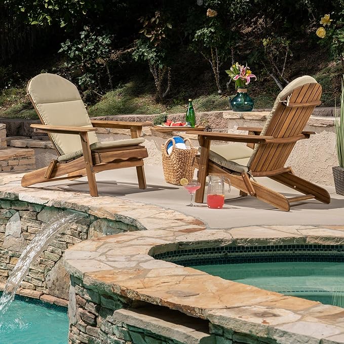 Christopher Knight Home 304617 Amenda Outdoor Acacia Wood Folding Adirondack Chairs with Cushions (Set of 2), Natural and Khaki
