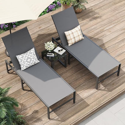 Amopatio 3 Piece Patio Lounge Chair Set Adjustable Outdoor Chaise Lounge with Side Table for Poolside Weather Resistant Pool Lounge Furniture Set for Backyard Beach, 400 LBS Capacity(Gray)