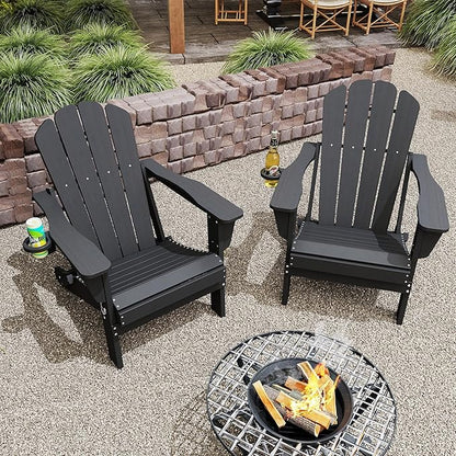 Domi Folding Adirondack Chair Set of 2, HDPE All-Weather Adirondack Chairs with Cup Holder, Outdoor Plastic Fire Pit Chairs Wood Texture for Poolside, Patio, Backyard, Deck (Grey)