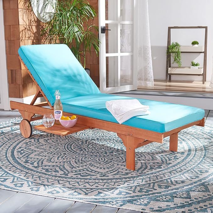 SAFAVIEH Outdoor Collection Newport Natural/ Aqua Cushion Built-in Side Table Adjustable Chaise Lounge Chair - Photo 2