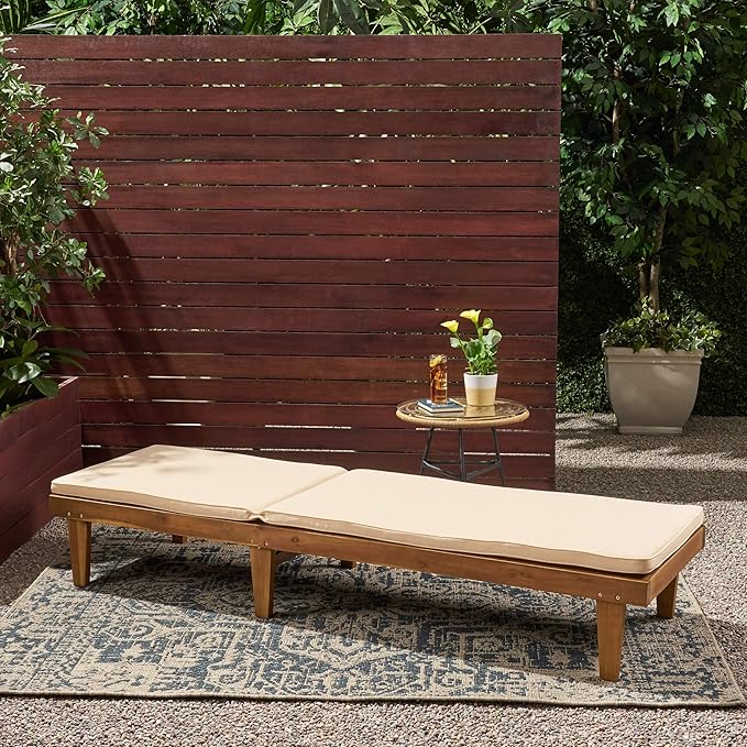 Great Deal Furniture Yvette Outdoor Acacia Wood Chaise Lounge and Cushion Set, Teak and Cream, 309788