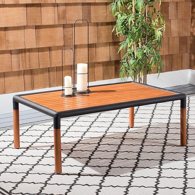 SAFAVIEH Outdoor Couture Collection Tommy Tropical Black Metal/Natural Solid Wood Rectangular Patio Coffee Table (CPT1029A)