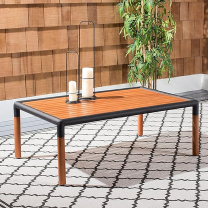 SAFAVIEH Outdoor Couture Collection Tommy Tropical Black Metal/Natural Solid Wood Rectangular Patio Coffee Table (CPT1029A)