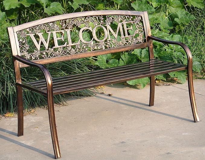 Leigh Country Metal Outdoor Bench, Welcome Design, Decorative Patio Seating for Porch/Deck - Photo 2