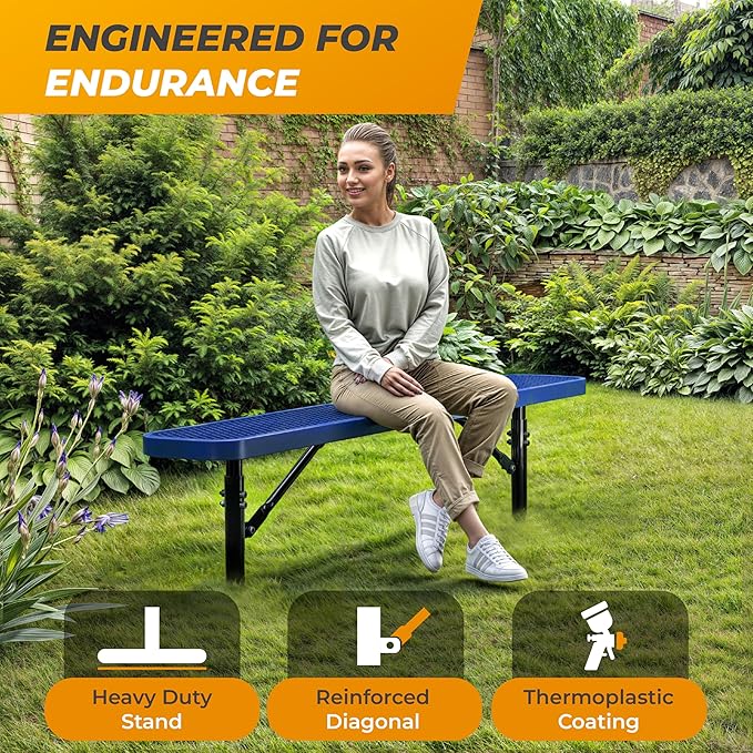 Heavy-Duty Outdoor Metal Bench, Thermoplastic-Coated, Inground, Weatherproof, Commercial-Grade for Parks, Gardens, Patios, Stores & More (6 Ft - Inground, Blue)