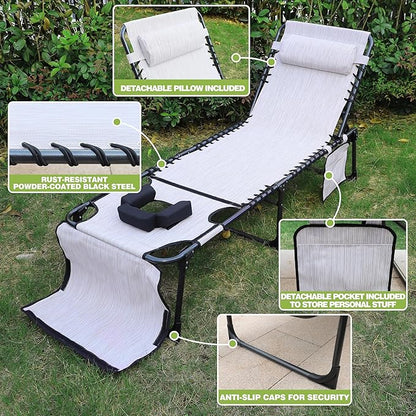 MUPATER Patio Chaise Lounge Chair for Outdoor with Face Hole, 4-Fold Ajustbale Backrest, Removable Pillow and Detachable Pocket, Portable Sun Lounger Recliner for Beach, Camping and Pool, Beige