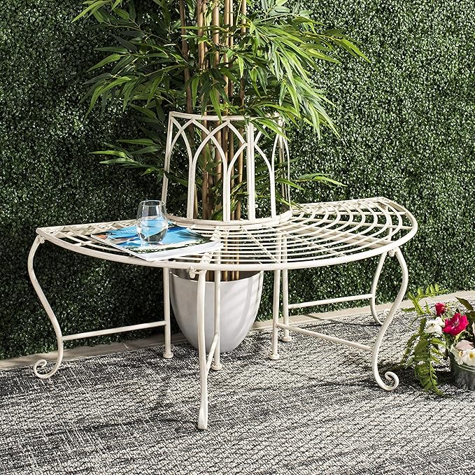 SAFAVIEH Outdoor Furniture Collection – Abia Antique White Distressed Wrought Iron 50-Inch Curved Tree Bench - Photo 2
