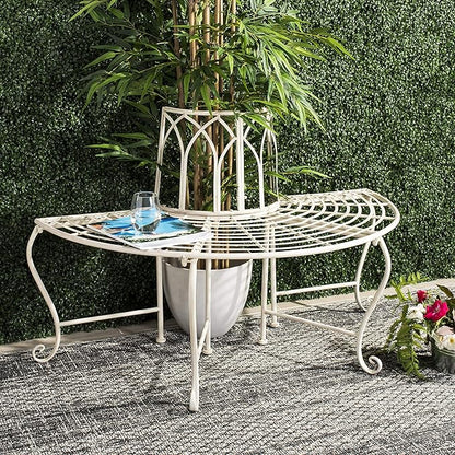 SAFAVIEH Outdoor Furniture Collection – Abia Antique White Distressed Wrought Iron 50-Inch Curved Tree Bench, Garden & Patio Seating (PAT5018A)
