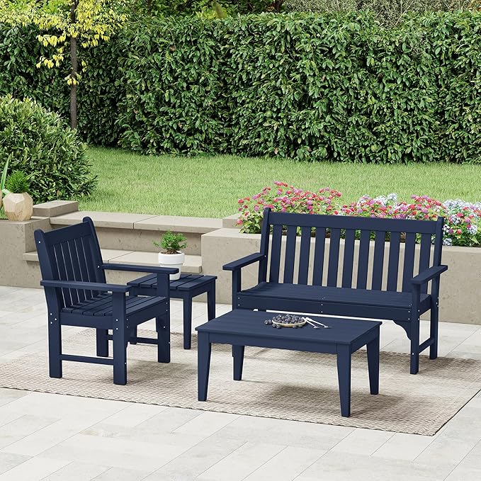 Costaelm Outdoor Dining Chairs with Arms Set of 2, Patio HDPE Garden Dining Table Chair, Poly Lumber Waterproof Restaurant Bistro Farmhouse Chairs for Outside Porch Backyard, Navy Blue