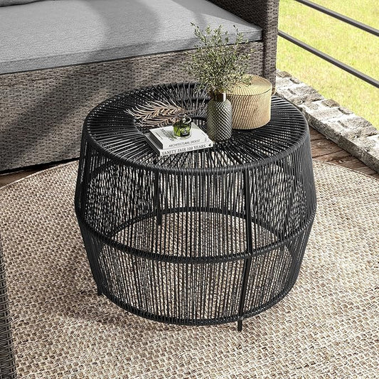 Furniture of America Ysar Boho Rattan Round Coffee Table Outdoor with Metal Frame, All-Weather and Rust Resistant, Handcrafted Coastal Furniture for Patio, Poolside, Garden, Yard, Black