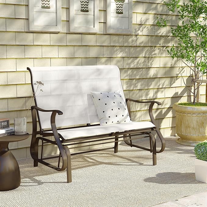 Outsunny 2-Person Outdoor Glider Bench，Patio Glider Loveseat Chair with Powder Coated Steel Frame，2 Seats Porch Rocking Glider for Backyard, Lawn, Garden and Porch, Cream White
