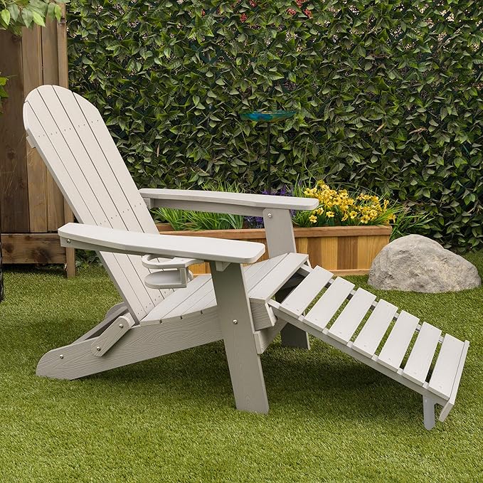 Alpine Corporation 38" H Outdoor Adirondack Folding Chair with Cup Holder and Ottoman, Classic Ergonomic Design, Patio Furniture and Accessories, Light Gray