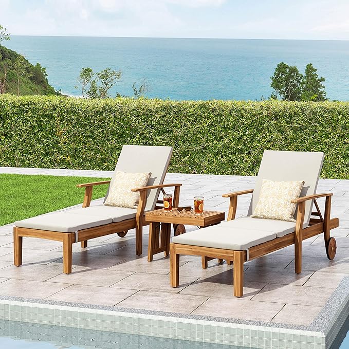 Christopher Knight Home Wesley Outdoor Acacia Wood 3 Piece Chaise Lounge Set, Teak Finish, Cream
