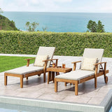 Christopher Knight Home Wesley Outdoor Acacia Wood 3 Piece Chaise Lounge Set, Teak Finish, Cream - Photo 2