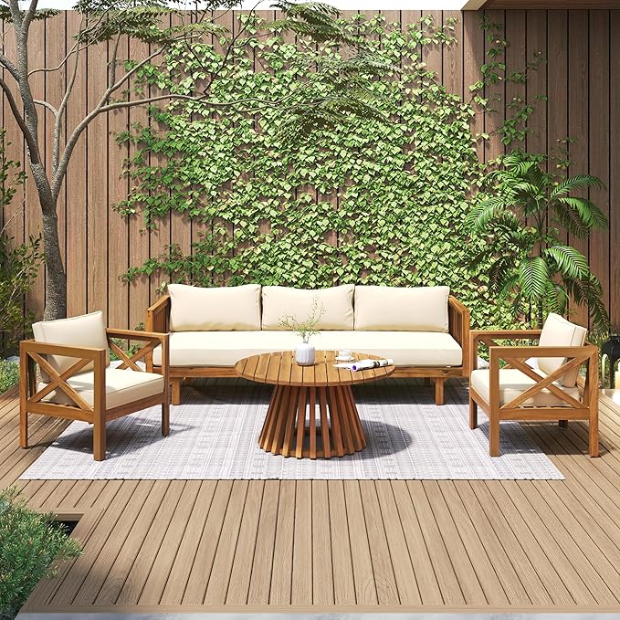 Merax Outdoor 4-Piece Acacia Wood Conversation Set - Patio 3-Seat Loveseat Sofa w/Coushion - Photo 2