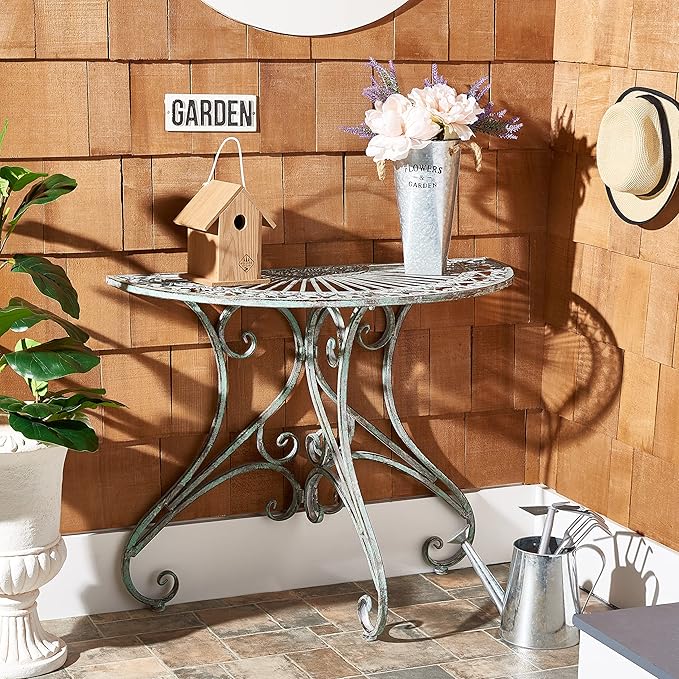 SAFAVIEH Outdoor Collection Annalist Victorian Scroll Antique Dark Green Wrought Iron Half Moon Accent Table
