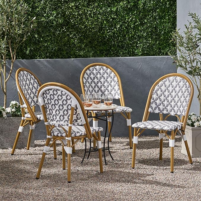 Christopher Knight Home Darcy Outdoor French Bistro Chair (Set of 4), Gray + White + Bamboo Print Finish - Photo 2