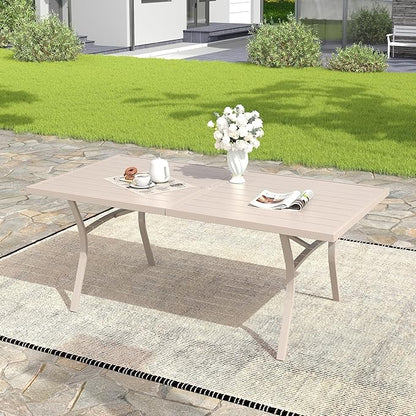 VICLLAX 63" Patio Dining Table for 6, Outdoor Rectangular Metal Table with Umbrella Hole for Porch Backyard Garden Deck, Sandshell