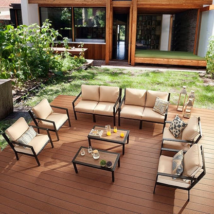 LOKATSE HOME Outdoor Coffee Table Patio Retangle Metal Side Dining Furniture with Wood Grain Top for Balcony, Porch, Deck