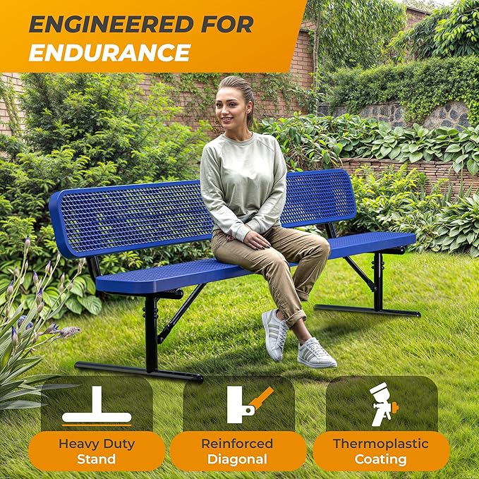 Heavy-Duty Outdoor Metal Bench, Thermoplastic-Coated, Portable, Weatherproof, Commercial-Grade for Parks, Gardens, Patios, Stores & More (8 Ft - Portable with Back, Blue)