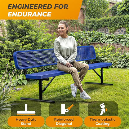 Heavy-Duty Outdoor Metal Bench, Thermoplastic-Coated, Portable, Weatherproof, Commercial-Grade for Parks, Gardens, Patios, Stores & More (8 Ft - Portable with Back, Blue)