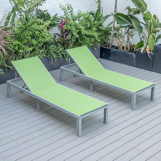LeisureMod Marlin Aluminum Outdoor Chaise Lounge Chair (Set of 2) - Mesh Sling Fabric Seat Grey Aluminum Frame Beach, Pool Lounge Chair for Modern Patio Lawn, Garden and Backyard (Green)