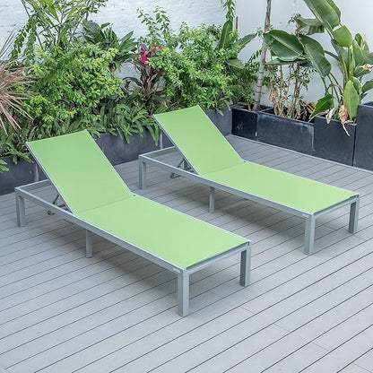 LeisureMod Marlin Aluminum Outdoor Chaise Lounge Chair (Set of 2) - Mesh Sling Fabric Seat Grey Aluminum Frame Beach, Pool Lounge Chair for Modern Patio Lawn, Garden and Backyard (Green)