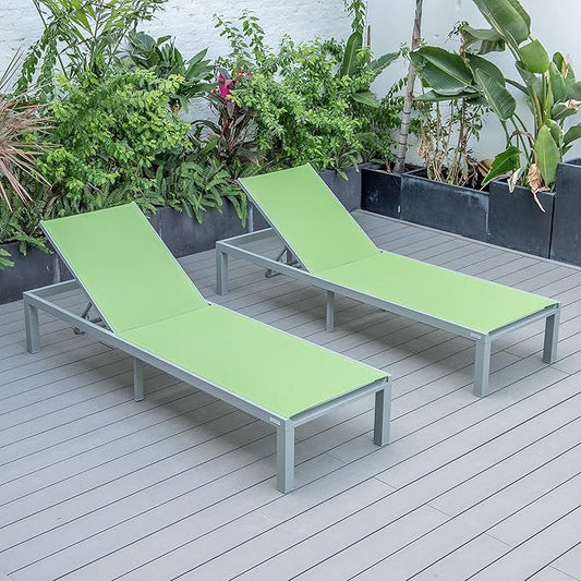 LeisureMod Marlin Aluminum Outdoor Chaise Lounge Chair (Set of 2) - Mesh Sling Fabric Seat Grey Aluminum Frame Beach, Pool Lounge Chair for Modern Patio Lawn, Garden and Backyard (Green)