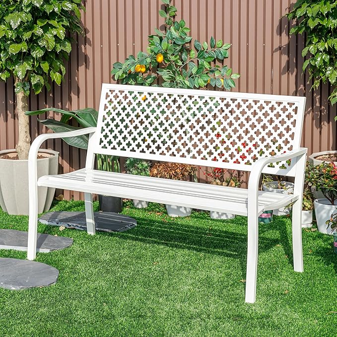 Hi-Line Gift Ltd. Winter Wonderland- White All-Steel Garden Bench for Relaxation