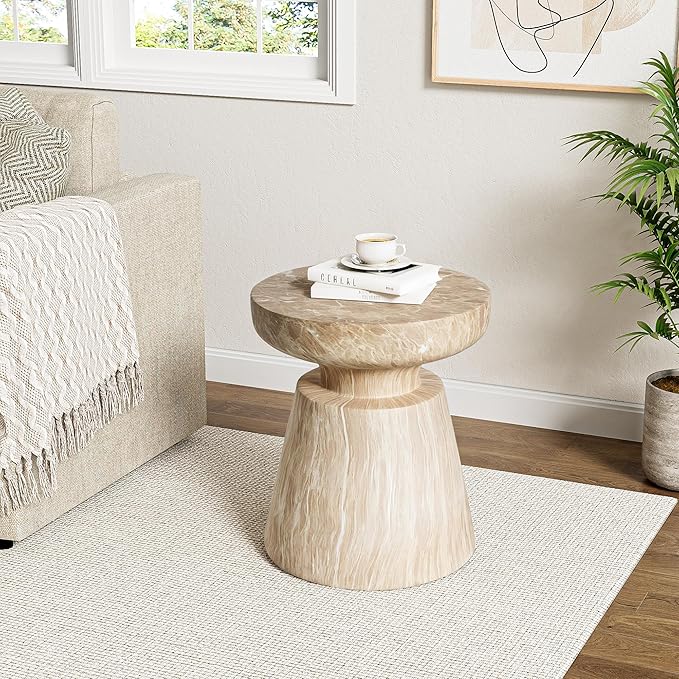 Christopher Knight Home Jayme 15"Lightweight Concrete End Table, Indoor Outdoor Accent Side Table, Travertine Round Tabletop, Easy Move, Decorative Garden Stool for Poolside Balcony Living Room, Gold