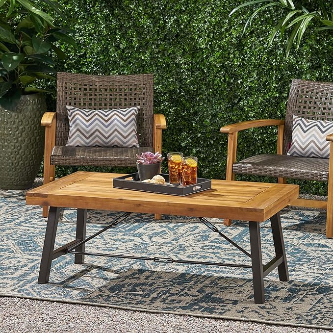 Outdoor Coffee Tables for Patio, Wood Patio Coffee Table Rectangle with Metal Frame, Industrial Patio Center Table for Garden Deck Balcony, Teak Finish Rustic Brown & Black