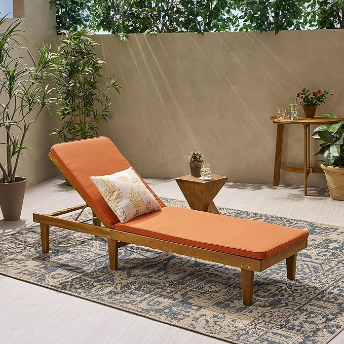 Christopher Knight Home Nadine Outdoor Acacia Wood Chaise Lounge and Cushion Set, Teak and Rust Orange - Photo 2