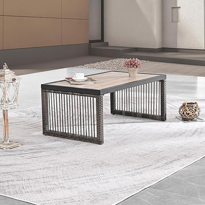 Rattan Patio Coffee Table Match Outdoor Furniture Modern Rectangle Metal Coffee Table for Livingroom, Garden, Backyard
