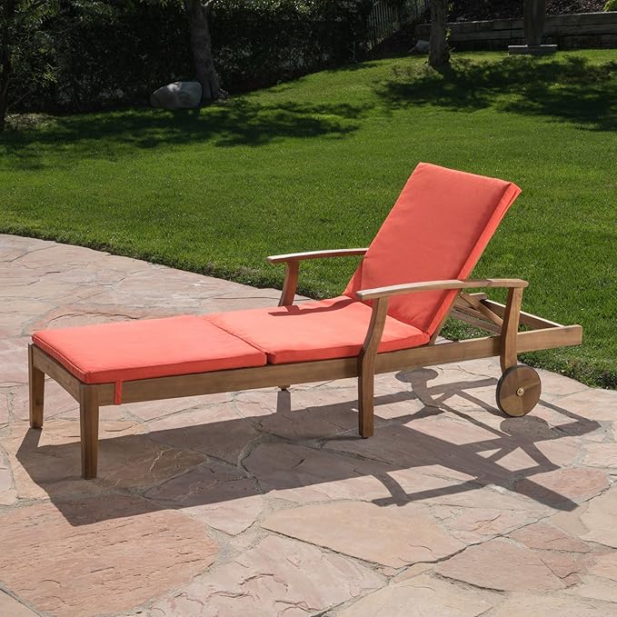 Christopher Knight Home Perla Outdoor Chaise Lounge with Water Resistant Cushion, Teak Finish / Orange - Photo 3