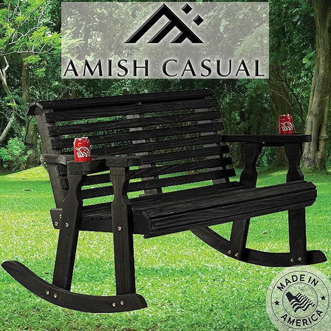 Amish Casual Heavy Duty 800 Lb Roll Back Pressure Treated Double Rocker with Cupholders (Semi-Solid Black Stain)