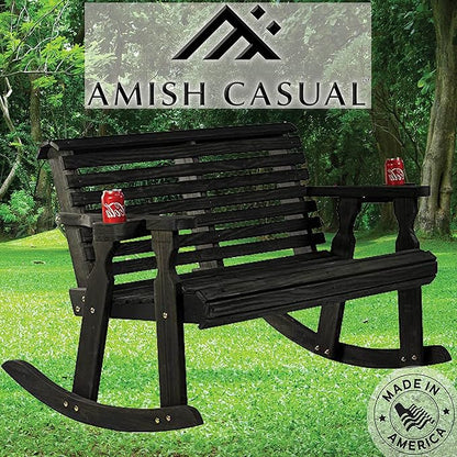 Amish Casual Heavy Duty 800 Lb Roll Back Pressure Treated Double Rocker with Cupholders (Semi-Solid Black Stain)