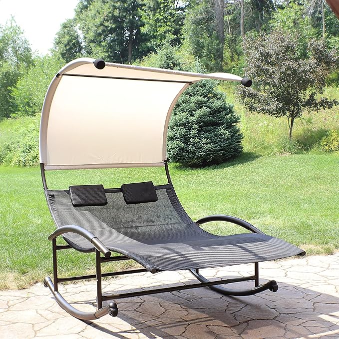 Sunnydaze Outdoor Double Chaise Rocking Lounge Chair with Canopy and Headrest Pillows - Black and White with - Photo 5