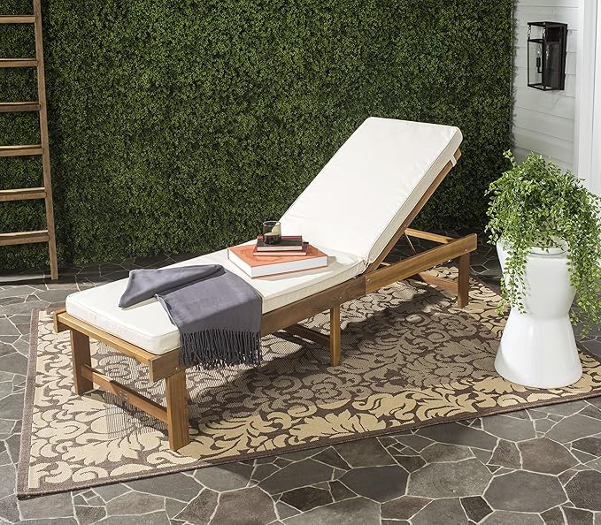 SAFAVIEH Outdoor Collection Inglewood Natural Solid Wood/Beige Cushion Adjustable Chaise Lounge Chair (PAT6723A) - Photo 2