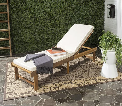 SAFAVIEH Outdoor Collection Inglewood Natural Solid Wood/Beige Cushion Adjustable Chaise Lounge Chair (PAT6723A)