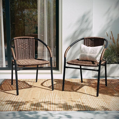 Flash Furniture Lila Modern Rattan Indoor/Outdoor Stackable Dining Chairs, Stacking Rattan Bistro Chairs for Patio or Restaurant, Set of 4, Brown