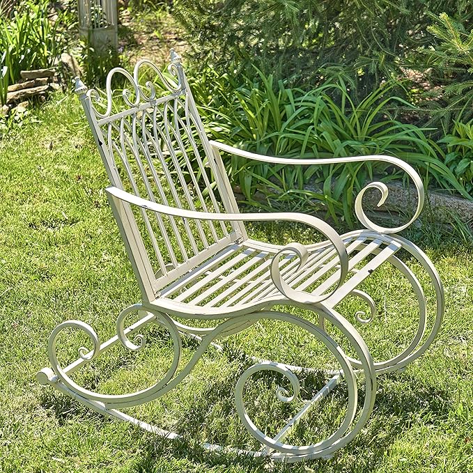 Zaer Ltd. Outdoor Metal Rocking Arm Chair/Bench (Arm Chair, Antique White)