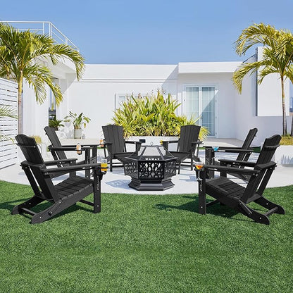 Yaheetech Adirondack Chair with Retractable Ottoman, All Weather Patio Folding Fire Pit Chair with Cup Holder and Phone Holder for Outdoor Poolside, Black