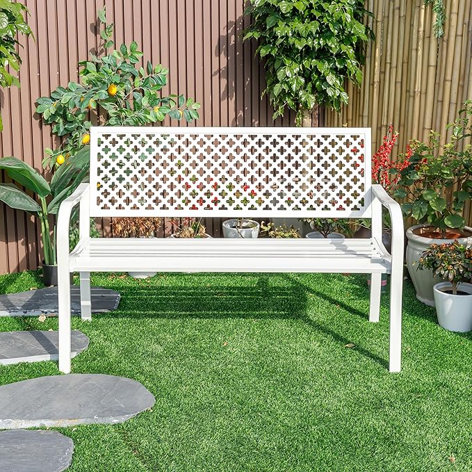 Hi-Line Gift Ltd. Winter Wonderland- White All-Steel Garden Bench for Relaxation