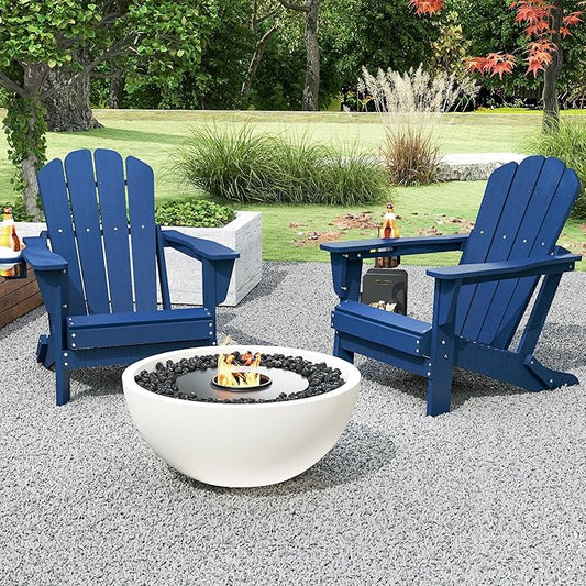 Domi Folding Adirondack Chairs Set of 2, HDPE All-Weather Outdoor Chairs with Cup Holder, Wooden Textured Fire Pit Chairs for Backyard, Patio, Poolside & Deck, Navy Blue