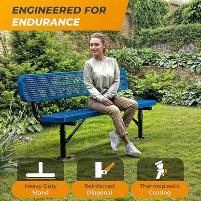 Heavy-Duty Outdoor Metal Bench, Thermoplastic-Coated, Surface, Weatherproof, Commercial-Grade for Parks, Gardens, Patios, Stores & More (6 Ft - Surface with Back, Blue)