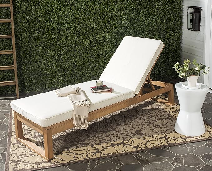 SAFAVIEH Outdoor Collection Solano Natural Brown Solid Wood/Beige Cushion Patio Adjustable Chaise Lounge Chair (PAT7024A)