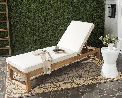 SAFAVIEH Outdoor Collection Solano Natural Brown Solid Wood/Beige Cushion Patio Adjustable Chaise Lounge Chair (PAT7024A)
