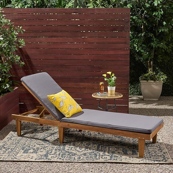 Great Deal Furniture Yvette Outdoor Acacia Wood Chaise Lounge and Cushion Set, Teak and Dark Gray, (309789)